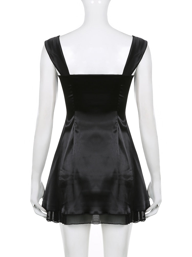 Sweetown Sleeveless Black Goth Y2K Mini Dresses Two Layer Korean Fashion Square Collar Kawaii A Line Birthday Dress For Women