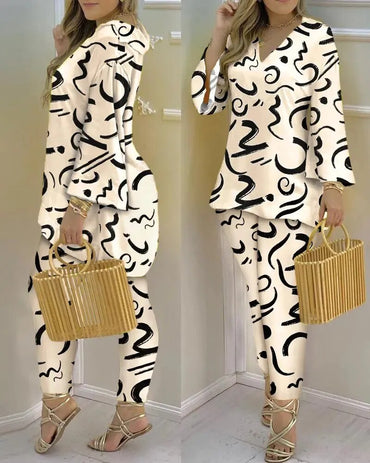 Spring Summer Streetwear Printed 2 Piece Sets Casual V Neck Long Sleeves Pullovers Pants Sets New Elegant Fashion Office Suits
