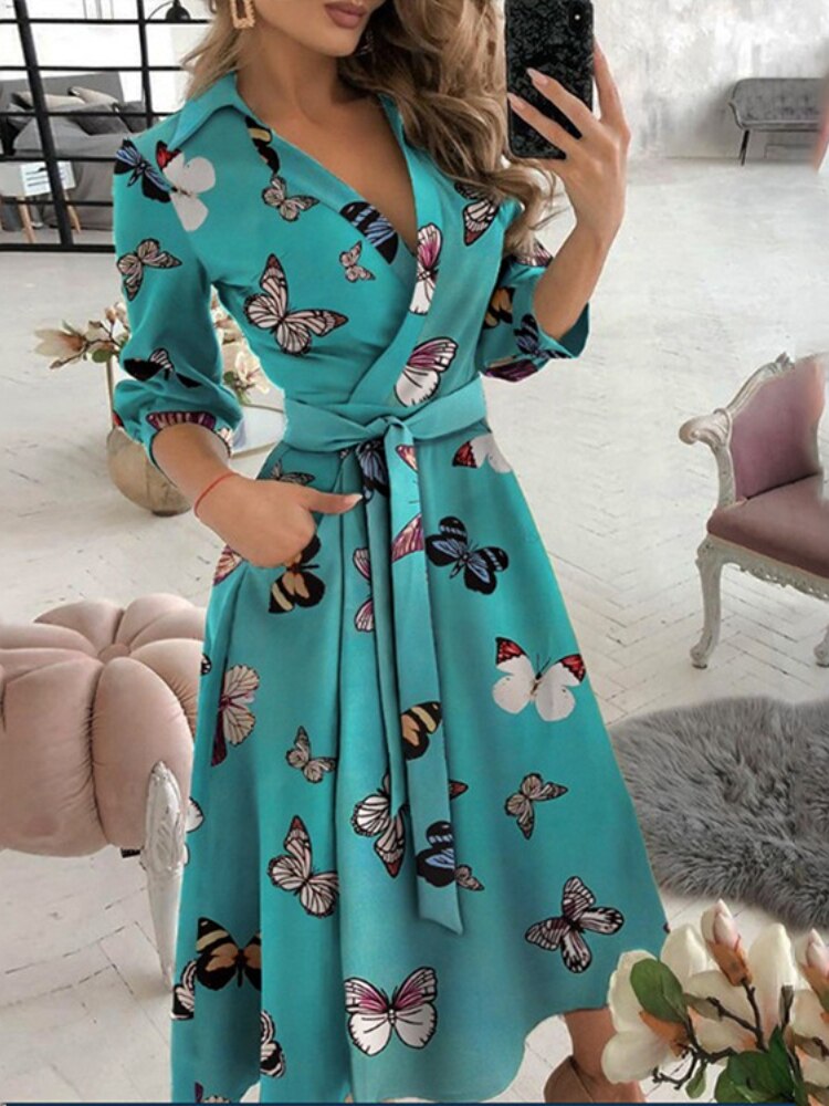 Dresses for Women 2023 Sexy Robe Mid Length Fashion Print Polo Neck Small Style Lace Up Waist Dress Long Summer Dresses Ladies