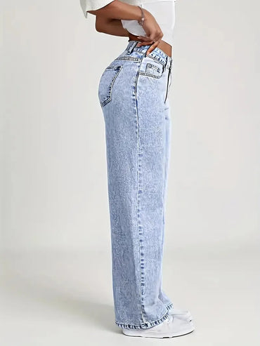 Women's blue jeans high waist straight loose jeans, comfortable and breathable fabric, suitable for casual outings and dates