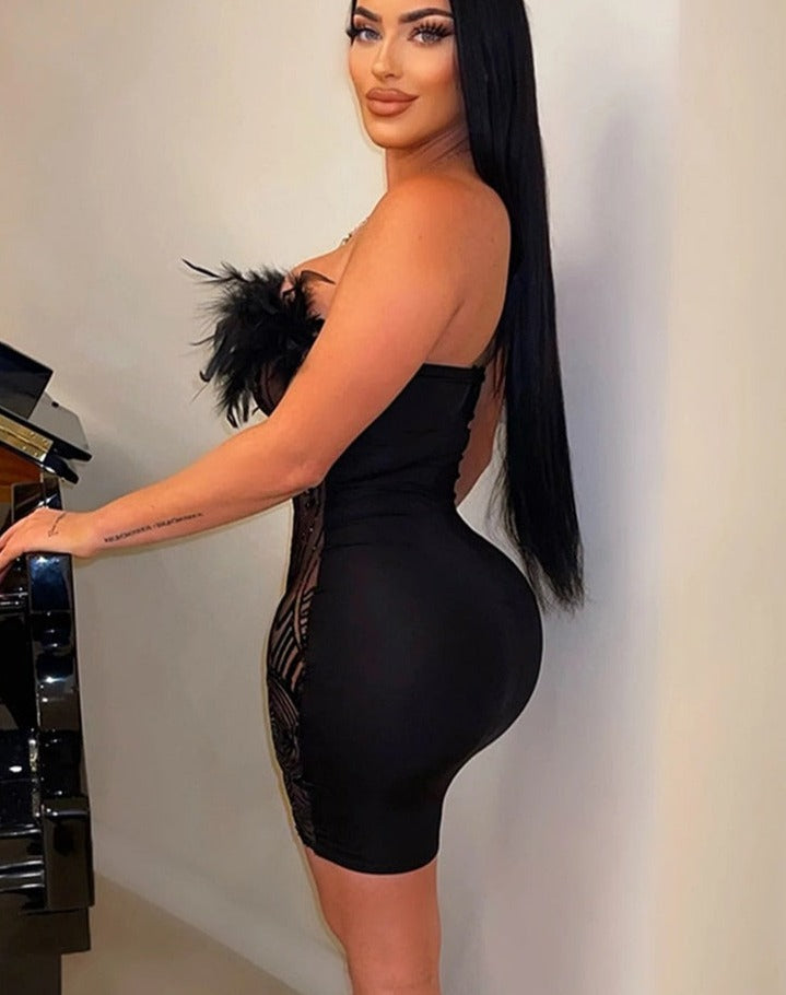 Women Sexy Club Party Night Feather Strapless Birthday Dresses Elegant Backless Mesh