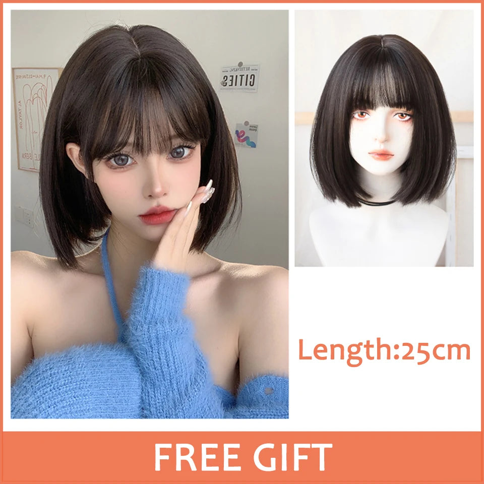 LM Synthetic Black Wig with Long Ponytail Short Straight Wig Lolita Cosplay Party Harajuku Blonde Wig With Bangs for Women