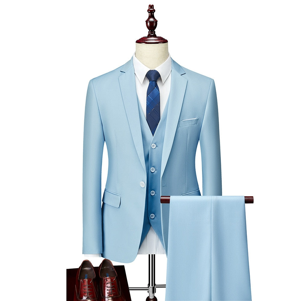 Luxury 3 Piece Men's Wedding Suit Fashion Men's Slim Solid Color Business Office Suit Sets Large Size Men Blazer+ Pants + Vest