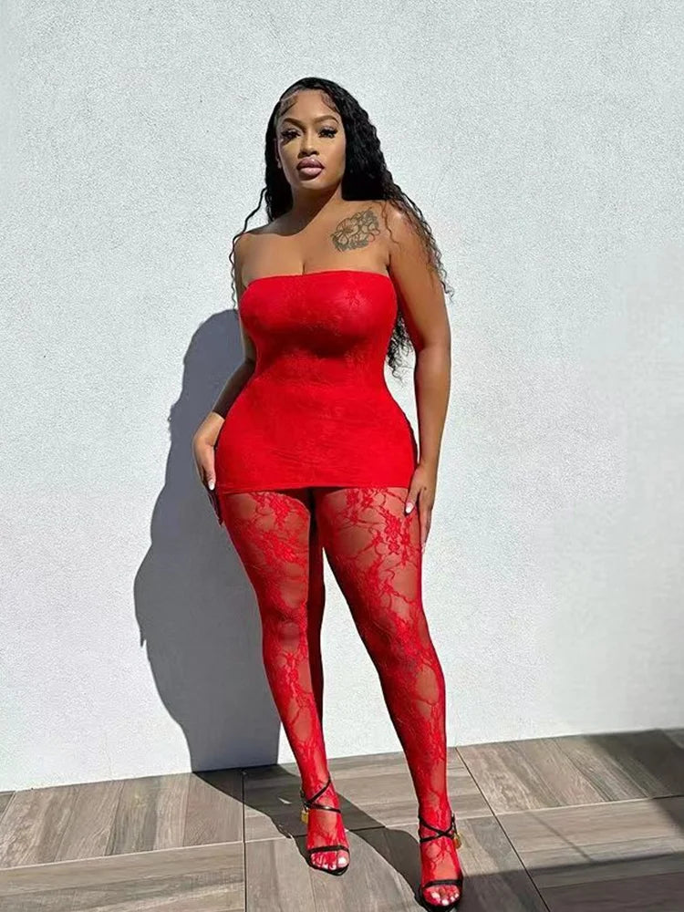 Joskaa Black Red Lace See Through 2 Pcs Set Fashion With Leggings Matc Joskaa Black Red Lace See Through 2 Pcs Set Fashion With Leggings Matc