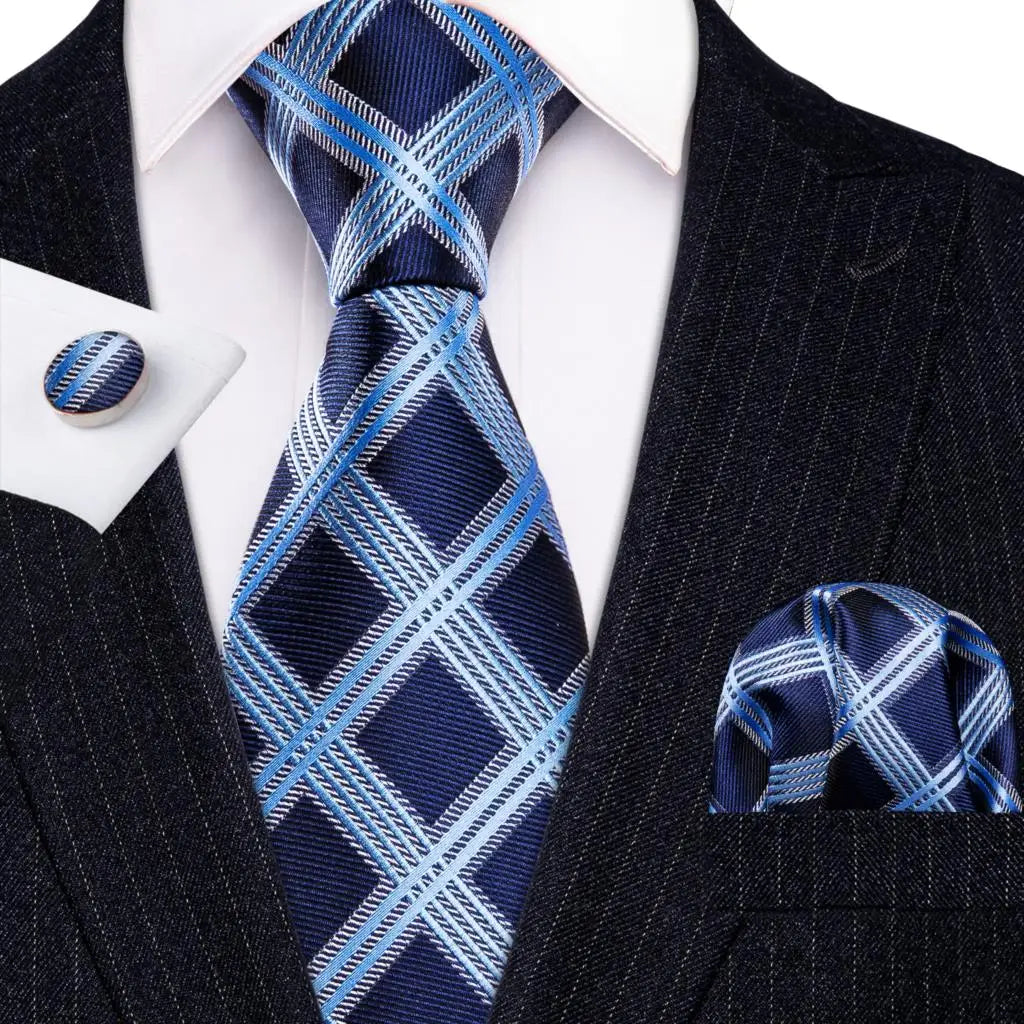 Barry.Wang Plaid Silk Men Tie Hanky Cufflinks Set Checked Jacquard Necktie for Male Formal Casual Wedding Business Party Events