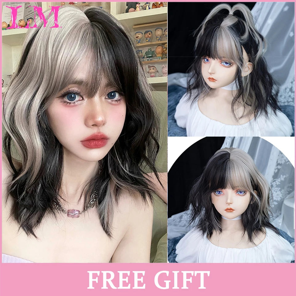 LM Synthetic Black Wig with Long Ponytail Short Straight Wig Lolita Cosplay Party Harajuku Blonde Wig With Bangs for Women