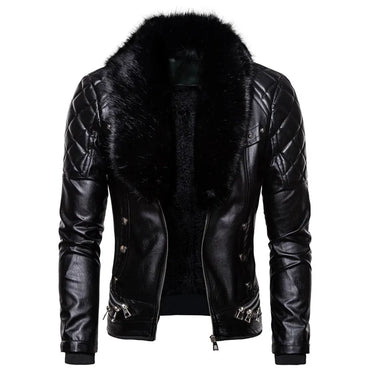 New Winter Fleece Motorcycle Leather Jacket Men Turn Down Fur Collar Slim Fit Warm PU Bomber Jackets Coats Mens Moto Biker Coat