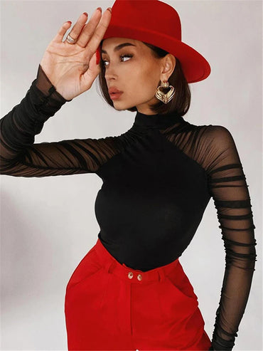 Shestyle Mesh Full Sleeve Mock Neck Body for Women Black Patchwork Stretchy Elegant Romantic Breathable Bodysuits Basic Tops