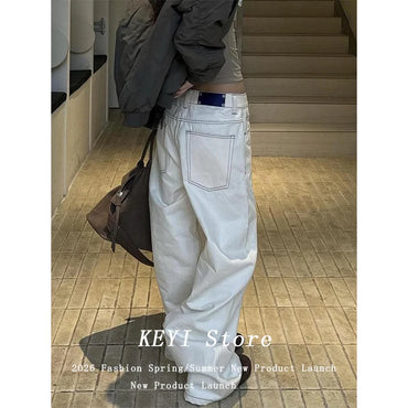 White Lined Wide Leg Jeans Cleanfit Loose Straight Tube Micro Flared Pants Low Waist Zipper Closure Straight Leg
