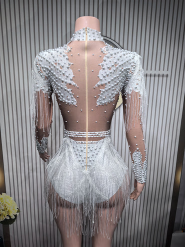 Gold Silver Sequins Tassel Elastic Bodysuit Sex)Pole Latin Dance Stage Wear Nightclub DJSinger Dancer Performance Costume Q025