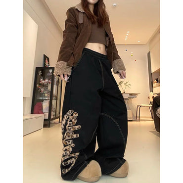 ZHIZOU Women's Baggy Black Jeans Y2k American Retro Designer Leopard Denim Pants Grunge Harajuku Hip-pop Wide Fit Cowboy Pants