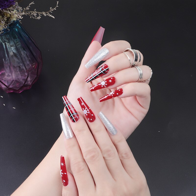 24pcs Strawberry Girl Long Ballet False Nails Art Removable Acrylic Press On Nail Tips