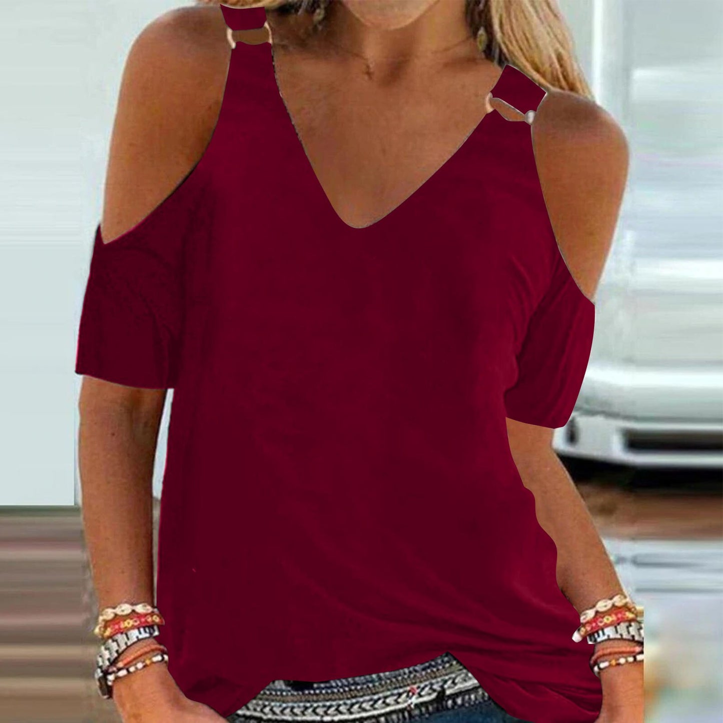 Fashion Print Off Shoulder Ladies Tops Summer Sexy V Neck Short Sleeve Casual Blouse 2022 Hot Women Outfits Party Dress Shirts