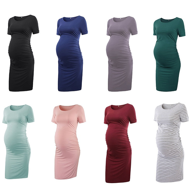 Liu&Qu Maternity Dresses Women Side Ruched Pregnany Dress Bodycon Pregnant Clothes Casual Mama Short Sleeve Wrap Baby Showers