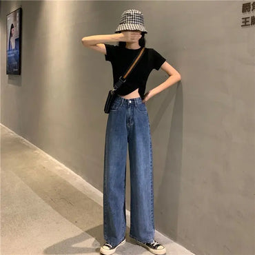 2025 New Wide-leg Jeans for Women, Slim and Versatile Retro Korean Version Loose Student High Waist Straight-tight Dad Pants