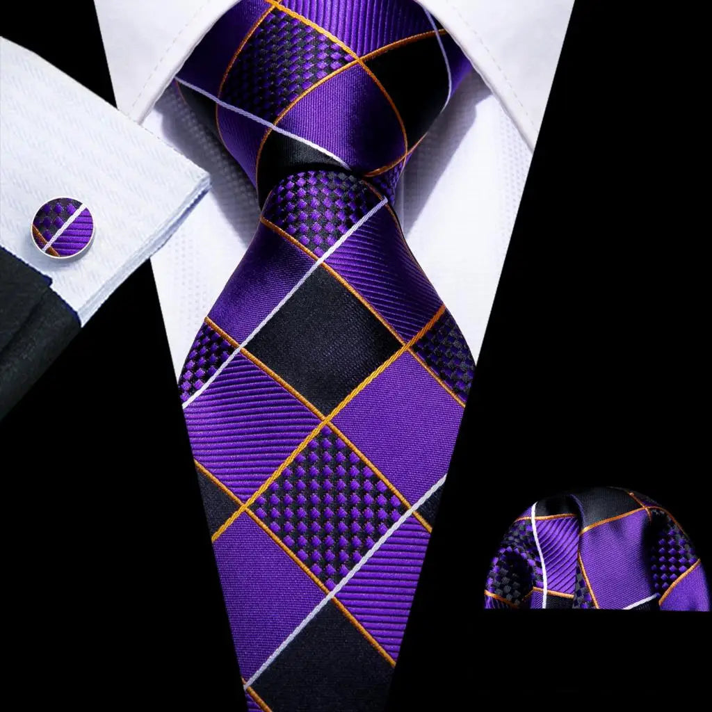 Barry.Wang Plaid Silk Men Tie Hanky Cufflinks Set Checked Jacquard Necktie for Male Formal Casual Wedding Business Party Events