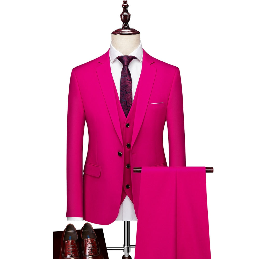 Luxury 3 Piece Men's Wedding Suit Fashion Men's Slim Solid Color Business Office Suit Sets Large Size Men Blazer+ Pants + Vest