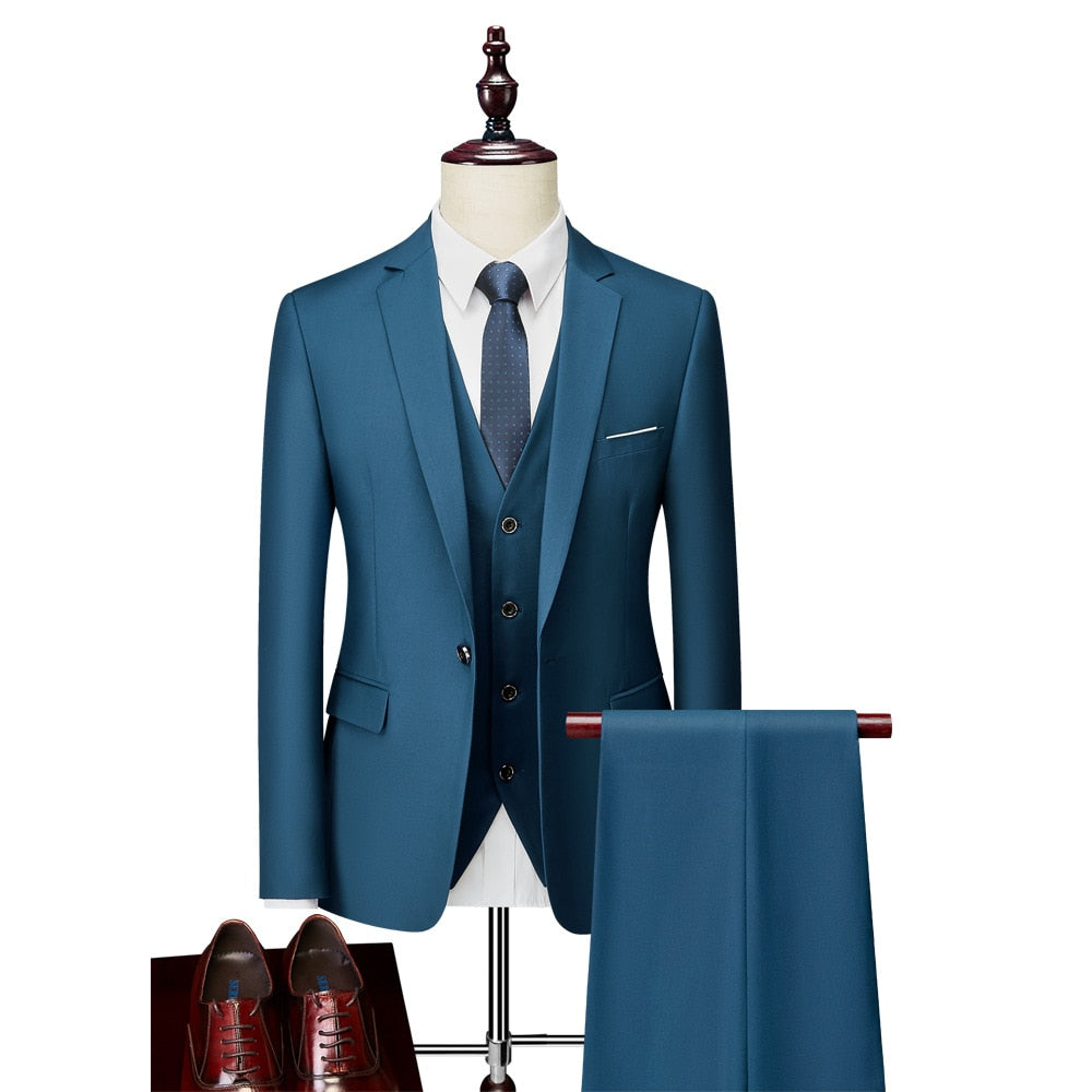 Luxury 3 Piece Men's Wedding Suit Fashion Men's Slim Solid Color Business Office Suit Sets Large Size Men Blazer+ Pants + Vest