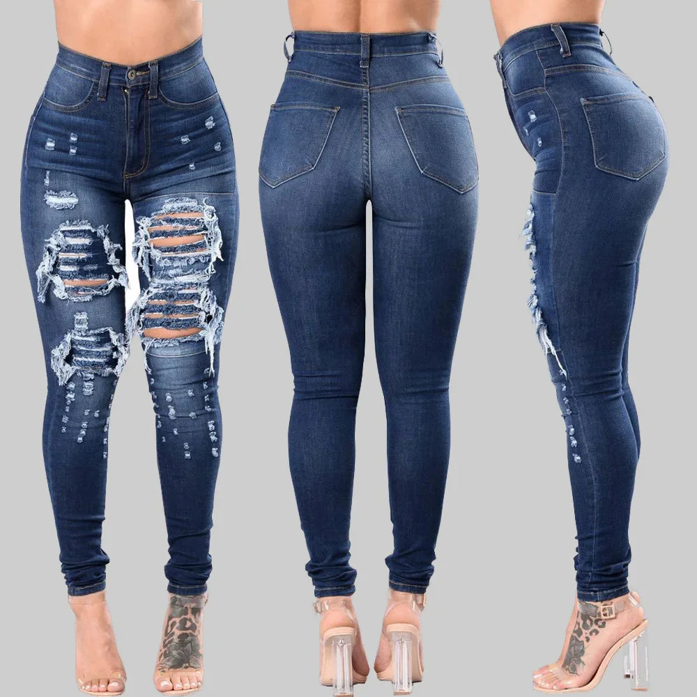 HOLE Denim Women 2025 High Waist Ripped Jeans for Women Skinny Black Pockets Jeans Woman Elastic Slim Jean Female Femme Pants
