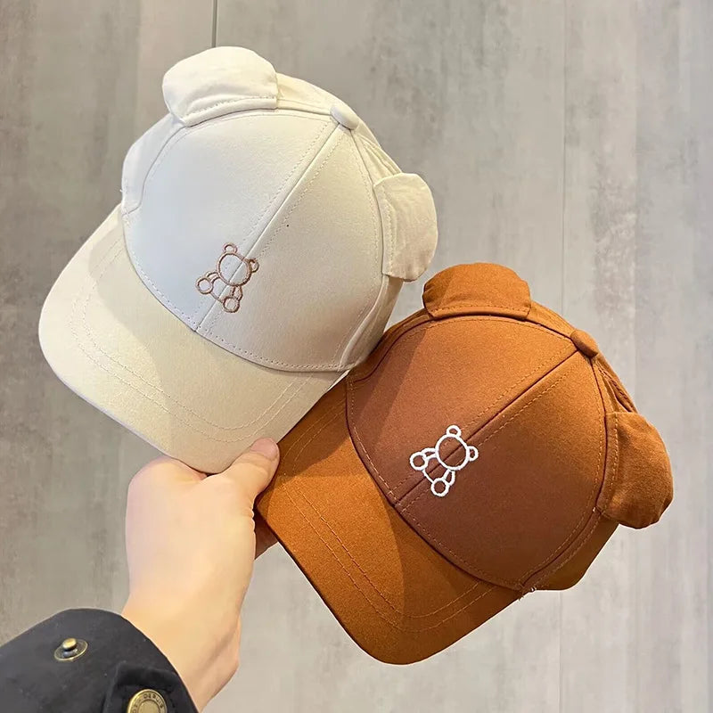 Korean Cute Baby Hat With Ears Cartoon Bear Embroidery Cotton Baseball Cap For Boys Girls Spring Summer Adjustable Kids Sun Hats