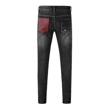 Fashionable new men's jeans with pleats, washed water, nostalgic perforations, red patches, men's black and gray jeans, high str