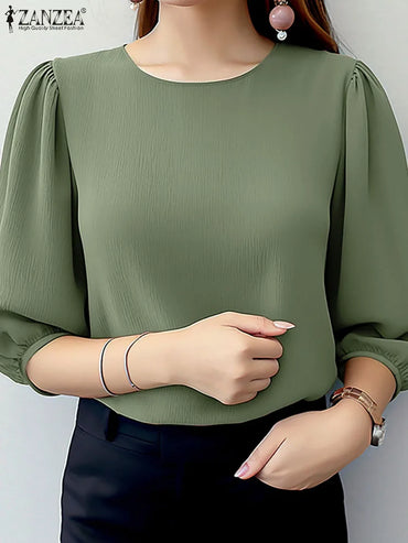 ZANZEA Women Crinkled Texture Puff Sleeve Blouse, Elegant O Neck 3/4 Sleeve Blusas Mujer, Summer Fashion Solid Color Casual Tops