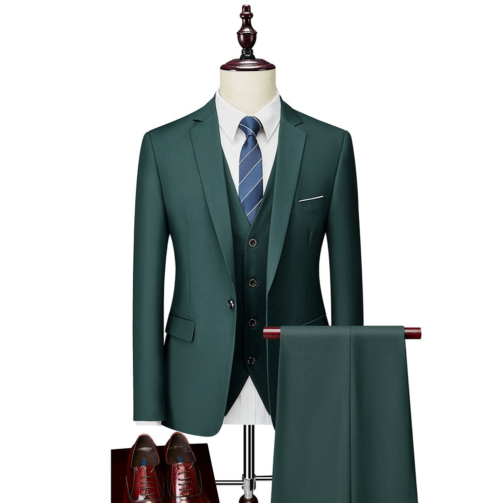 Luxury 3 Piece Men's Wedding Suit Fashion Men's Slim Solid Color Business Office Suit Sets Large Size Men Blazer+ Pants + Vest