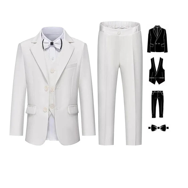 Gentleman Kids White Baptism Photograph Suit Children Slim Jacket Vest Pants Bowtie 4P Piano Dress Boys Prom Performance Costume