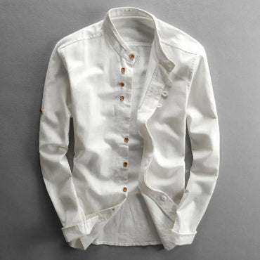 Men's Retro Buckle Long Sleeved Shirt 2025 Spring Autumn Casual Linen Buttoned Shirt Slim Fit Stand Up Collar Shirt Jacket