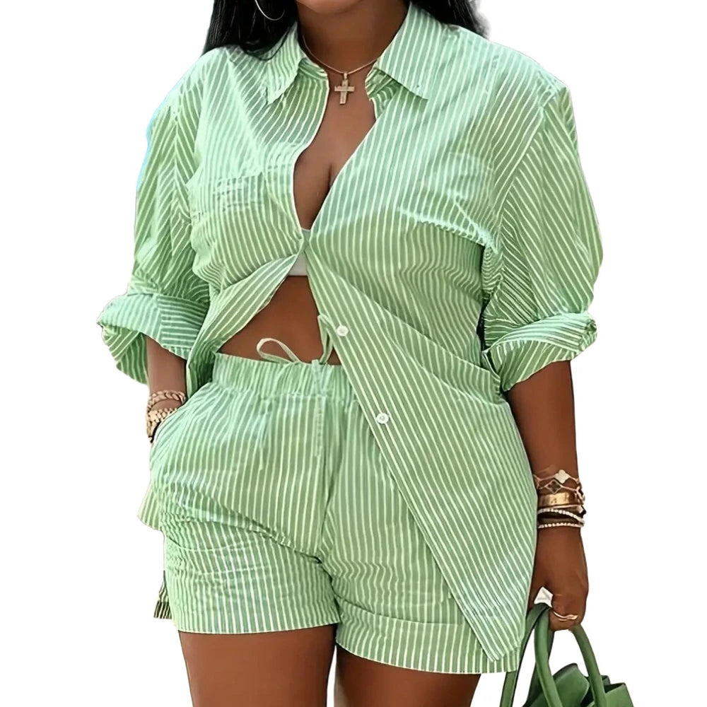2025 Spring Autumn Casual Woman Sets Fashion Shirt Printed Button Shirt&Shorts Streetwear Shorts Pant Outfit Suit Two Piece Set