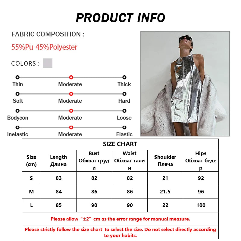 Oymimi Sexy Slim Sliver Pu Leather Dress Ladies Bodycon O-Neck Sleeveless Dress Elegant Classicc Party Dresses For Women 2023