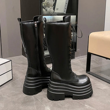 New Autumn Knee High Boots Women Chunky Leather Long Boots Woman High Heels Punk Shoes Winter 9CM Platform Motorcycle Booties
