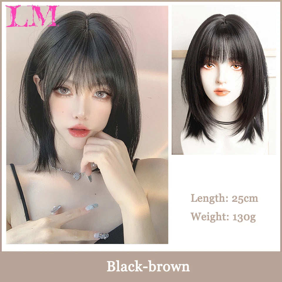 LM Synthetic Black Wig with Long Ponytail Short Straight Wig Lolita Cosplay Party Harajuku Blonde Wig With Bangs for Women