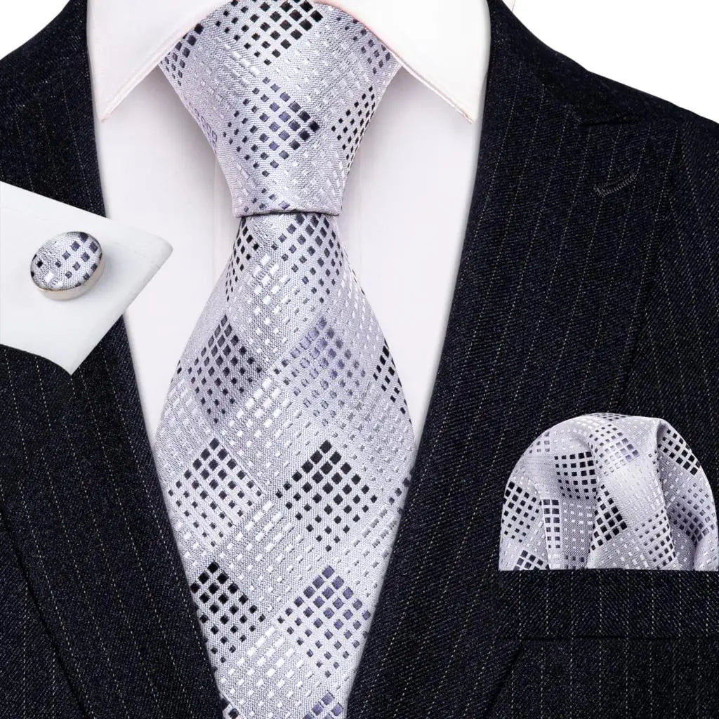 Barry.Wang Plaid Silk Men Tie Hanky Cufflinks Set Checked Jacquard Necktie for Male Formal Casual Wedding Business Party Events