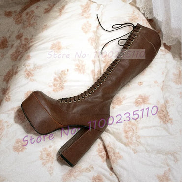 Earthy Brown Platform Knee High Boots Women Splicing Leather Cross Tied High Block Heels Round Toe Halloween Party Tall Boots
