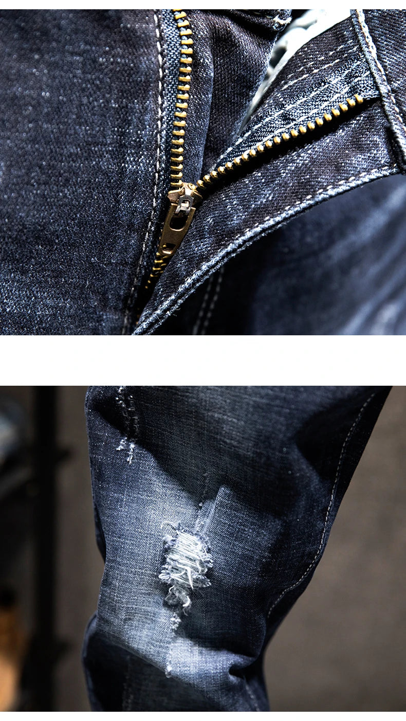 2025 New Ripped Jeans Men Slim-fit Denim Pants Cotton Korean Style Fashion Elasticity Versatile Blue Black Men's Clothing