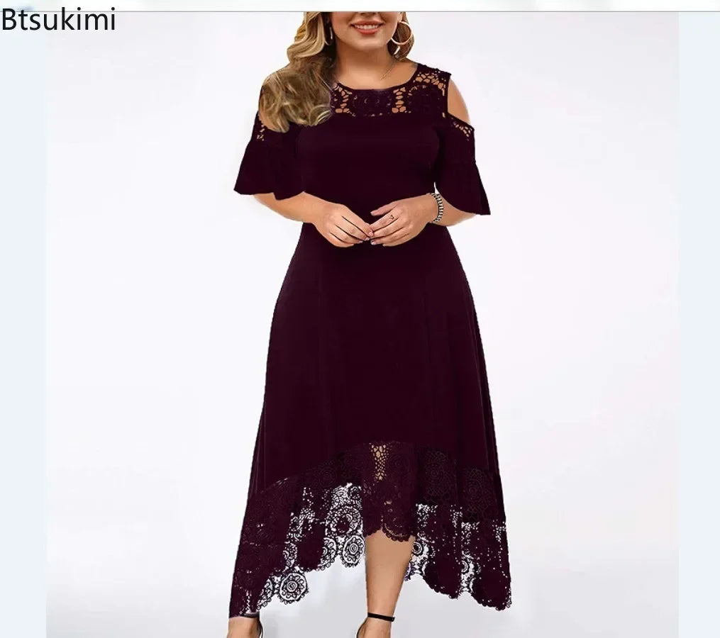 2025 Women's Lace Stitching Ruffle Short-Sleeved Strapless Dress Elegant Ladies' Summer Evening Club Party Dresses Woman Vestido