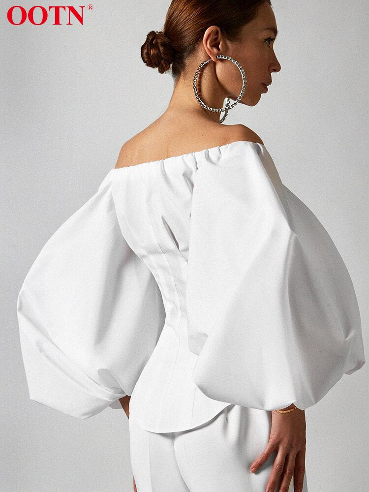 OOTN Sexy Slim Off Shoulder Women Shirt Blouses Lantern Sleeve Tunic Female Top Laides Shirt Pleated Elegant White Blouse Button