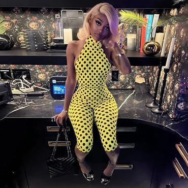 FAGADOER Fashion Color Dot Printing Bodycon Jumpsuits Woman Halter Sleeveless Backless Rompers Female Streetwear Overalls 2026