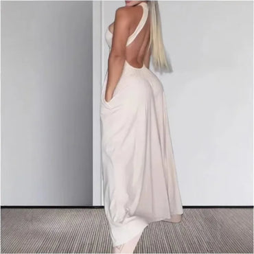 Elegant Jumpsuit Women Backless Hanging Neck Pocket Slim Fit Solid Color Bodysuit Conjoined Body Wide Leg Pants 2025 Summer New