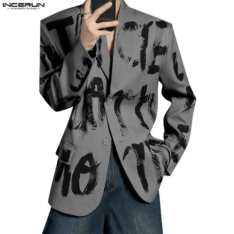 INCERUN Men Blazer Printing Lapel Long Sleeve Button Male Suit Streetwear Loose Elegant Fashion Casual Thin Coats Men S-5XL 2025