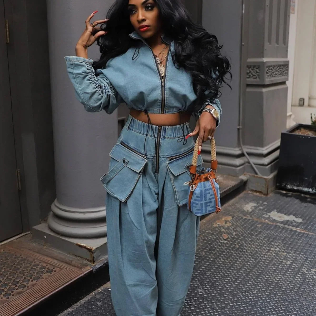 fashion retro women's casual wide leg loose heavy duty denim two-piece Mega Mart Center fashion retro women's casual wide leg loose heavy duty denim two-piece Mega Mart Center