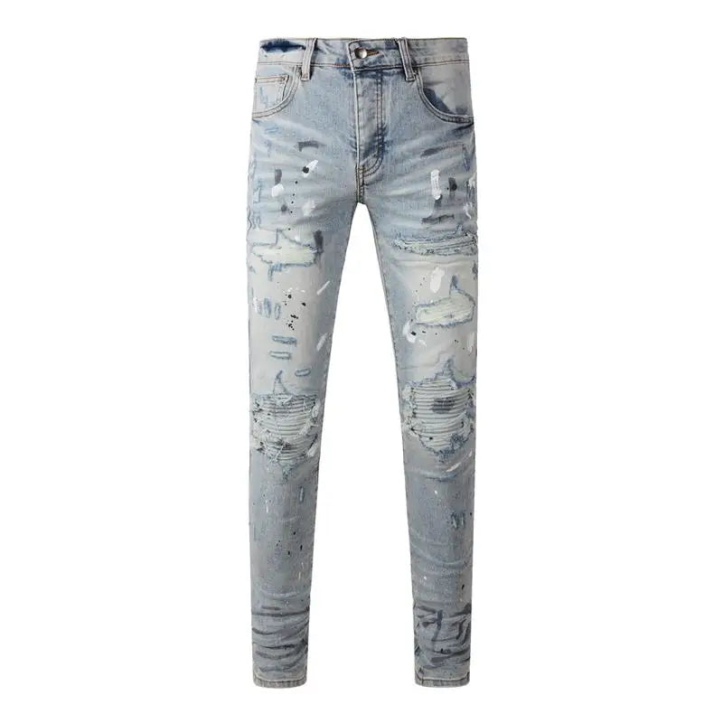 Fashion Top Quality Streetwear Distressed Men's Jeans Vintage Low Rise Stretch Skinny Button Fly Ripped Hold Pants