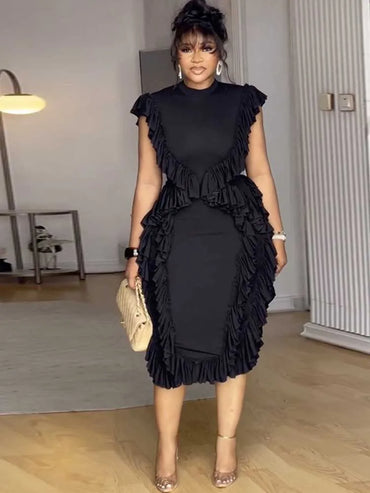 Female Clothing Slim Tank Top Dress Round Neck Casual Elegant Long Black Dress Ruched Knee Length Summer Dress Ladies