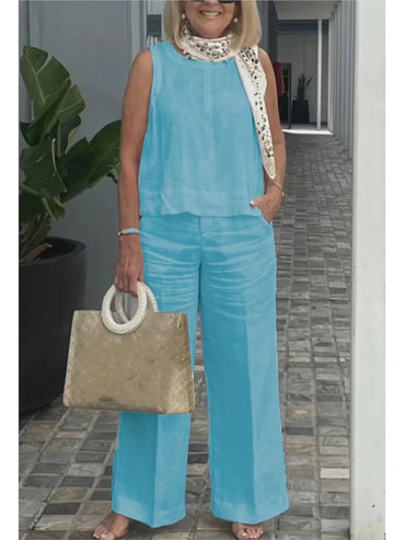 New Summer Women's Suit Sleeveless Top Wide Leg Trousers Two Piece Set Fashion Casual Solid Holiday 2 Piece Set Women Clothes