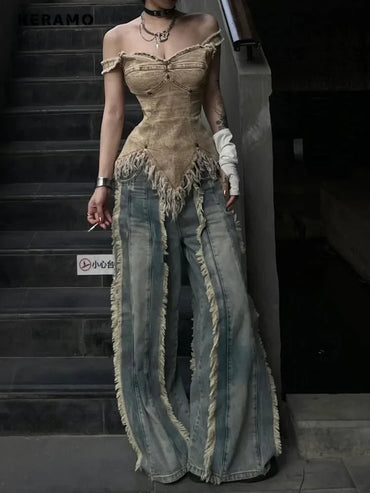 Vintage Women Washed Y2K Baggy Japanese 2000s Denim Trouser Casual Tassels Pants Female Street Trashy Retro High Waist Jeans