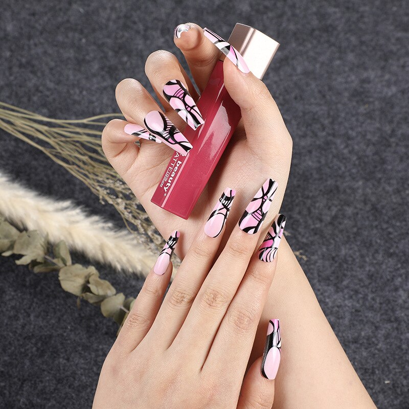 24pcs Strawberry Girl Long Ballet False Nails Art Removable Acrylic Press On Nail Tips