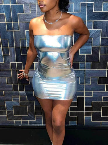 Sexy Strapless Shiny Silver Coatings Patent Leather Bodycon Dress Women Off Shoulder Skinny Mini Dress Club Party Vestidos