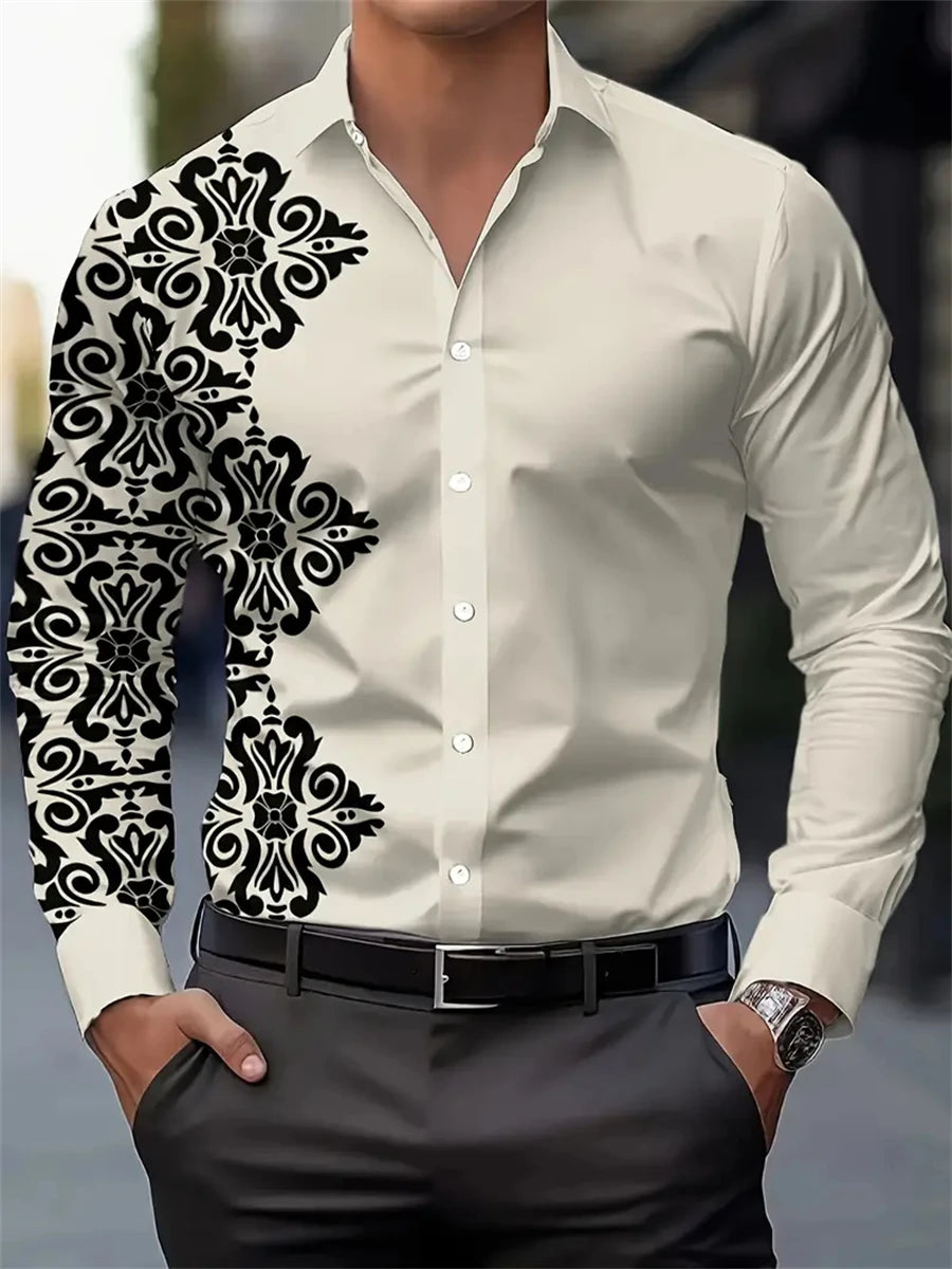 Men's Fashion Floral Print Shirt, Casual Breathable Lapel Button Long Sleeve Shirt For Spring Men’s Clothing Men's Formal Tops