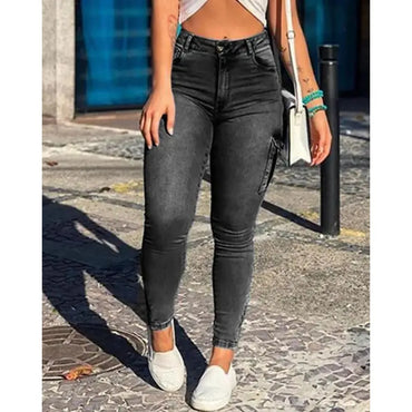 Women's Skinny Jeans 2025 Summer New Fashion Solid Color Buttoned Pocket Zipper Design High Waist Casual Daily